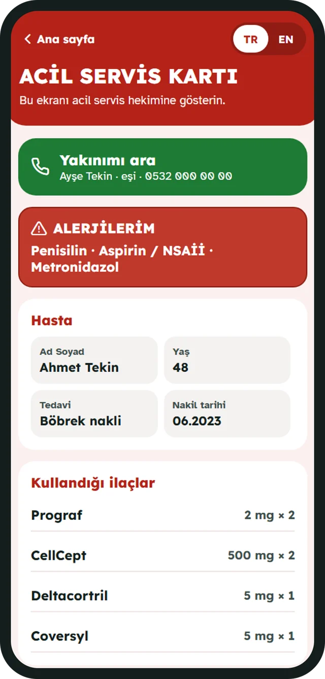 Emergency card: allergies, patient details and current medicines
