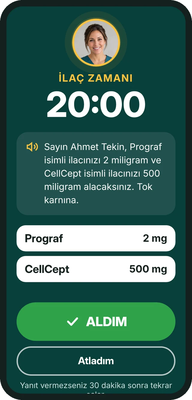 Elpis Care spoken medicine alarm: addresses the patient by name, with the medicine and dose on screen