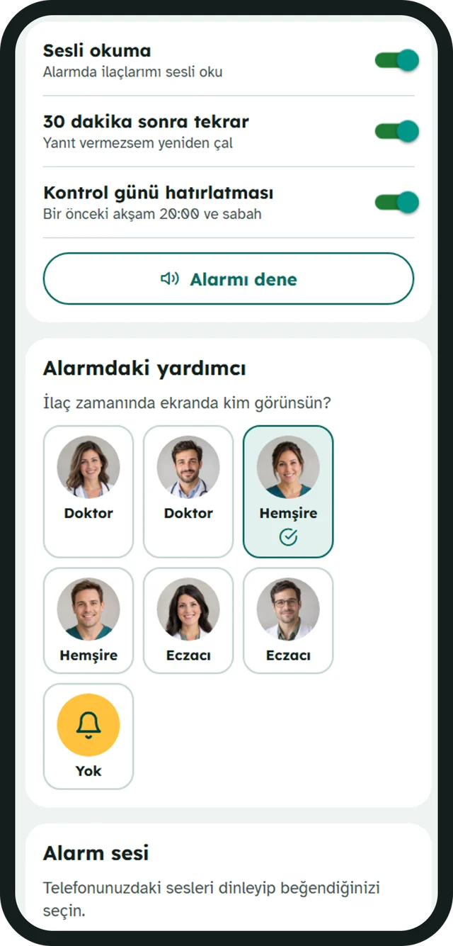 Alarm settings: choosing the assistant shown in the alarm — doctor, nurse or pharmacist